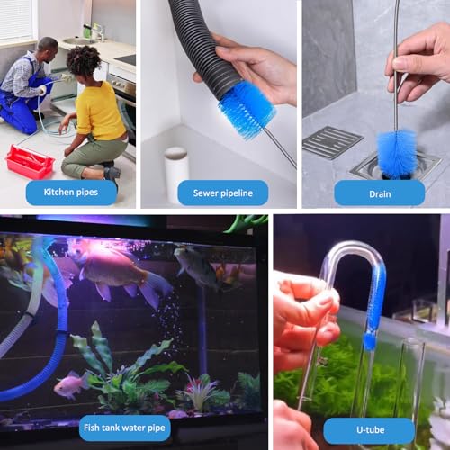 Flexible Drain Brush，75 Inch Long Straw Cleaner Brush and 3 Pcs of 8 inch Straw Brush，Nylon Cleaner Double Ended Elastic Hose Pipe(Blue)