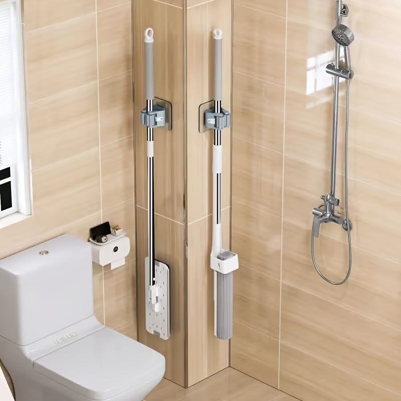 3PCS Mop Broom Holder Hook Wall Mounted Self Adhesive Detachable Non Slip Waterproof Broom Clip Organizer Bathroom Kitchen Garage, White - color: White