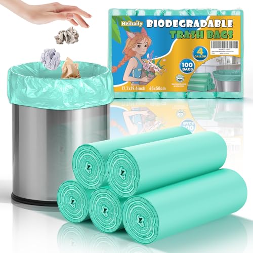 Small Bathroom Trash Bags 4 Gallon - 4 Gal Mini Garbage Bags Green 15 Liter 100 Count Unscented Biodegradable Compostable Waste Basket Kitchen Office Liners Strong Thick Bulk Heihaily - style: Bio-4gal Green 100
