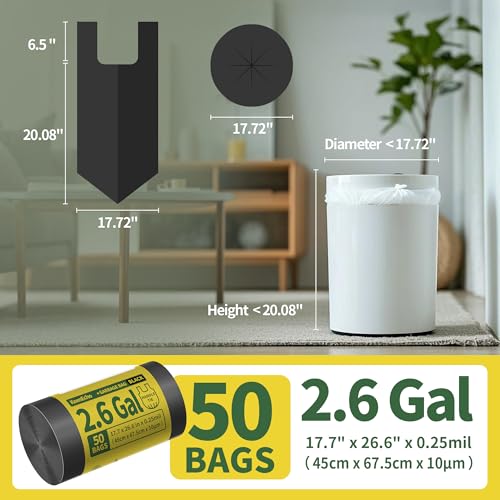 Small Trash Bags with Handles - Ocean Plastic Upcycling - Plastic Garbage Bags, Can Bin & Waste Basket Liner for Kitchen, Bathroom, Office and Pets,2.6 Gallon 50 Count Black - color: 2.6Gal Black, size: 1 ROLL