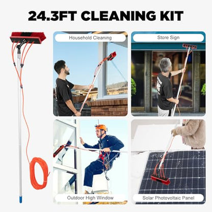 Water Fed Pole Kit, 24FT Adjustable Water Fed Brush, Telescopic Extendable Outdoor Cleaning Brush Kit with Water Supply, Lightweight High Reach Brush for Windows, Solar Panels, Glass Roof