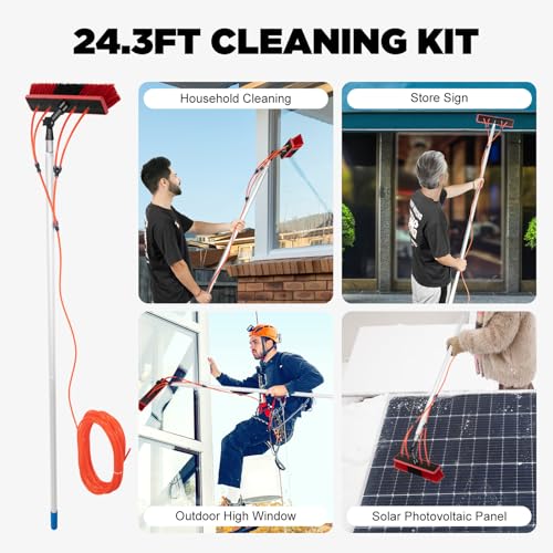 24 Foot Exterior House Cleaning Brush Set, Water Fed Pole Kit, Water Fed Brush, Water Fed Cleaning System, Aluminum Outdoor Window Cleaner, Cleaning and Washing Tool