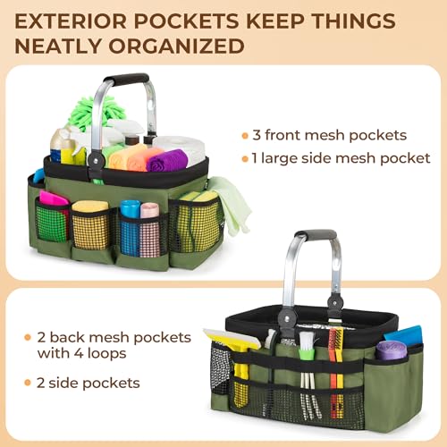 PGmoon Foldable Cleaning Caddy, Cleaning Supply Organizer Bag with Rotate Handle, Easy Clean Liner & Multi-Pockets, Portable Small Cleaning Tote for Kitchen Cleaning Supplies, Products, Housekeepers