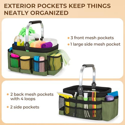 PGmoon Foldable Cleaning Caddy, Cleaning Supply Organizer Bag with Rotate Handle, Easy Clean Liner & Multi-Pockets, Portable Small Cleaning Tote for Kitchen Cleaning Supplies, Products, Housekeepers