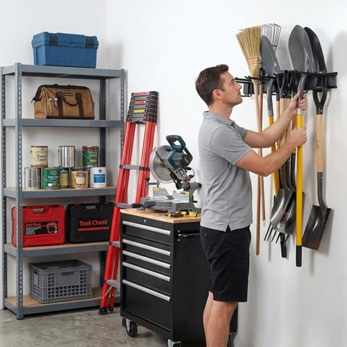 Aking Ace Garage Tool Organizer Wall Mount, 48-Inch Heavy Duty Garden Tool Rack for Shed, Holds 350lbs, Adjustable Storage Hanger for Shovel, Rake, and Power Tools - size: 3 Rail 6 Double Hooks
