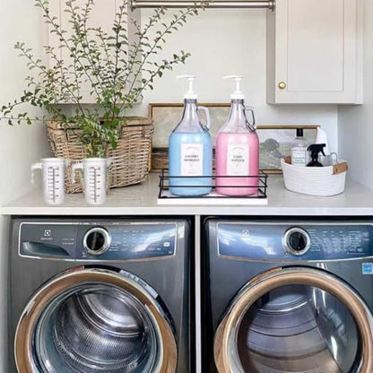 2 Pcs Glass Liquid Laundry Detergent Dispenser, Half Gallon Dispenser for Laundry Room (64 oz. Each), Laundry Detergent Bottles with Pump Dispenser -Includes Labels, Measuring Cups,Wooden Stand - color: White