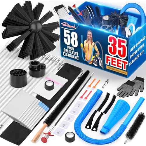 Sealegend 58-Pieces 35-Feet Dryer Vent Cleaner Kit, Dryer Cleaning Tools, Include Omnidirectional Blue Dryer Lint Vacuum Attachment, Dryer Vent Brush, Universal Vacuum & Dryer Adapters - size: 35Feet