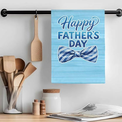 Happy Father's Day Kitchen Towels Set of 2 Blue Stripes Tie Rustic Wooden Grain Decorative Dish Towels Ultra Soft Microfiber Absorbent Reusable Dishcloths for Kitchen Drying, 18x28 Inch - size: 28" x 18" (Pack of 2)
