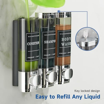 Unisense Shower Soap Dispenser 3 Chamber No Drill Shampoo and Conditioner Dispenser Wall-Mounted Shampoo Dispenser for Shower Wall Mounted Shower Dispenser for Bathroom Hotel Large Capacity,Chrome - color: Chrome