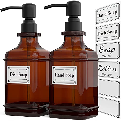 GLADPURE Soap Dispenser 2 Pack, Hand Soap Dispensers with 18 Oz Antique Design Thick Amber Glass Bottle, 316 Rust Proof Stainless Steel Black Pump, 6Pcs Stickers, for Lotion, Soap, Essential Oil - color: Brushed-black