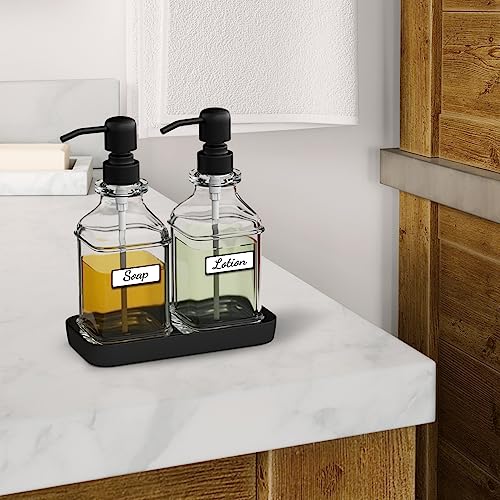 LMQML Soap Dispenser - 2 Pack, Antique Design Thick Glass Hand Soap Dispensers with Sturdy Tray; 304 Rust Proof Stainless Steel Black Pump, 12Pcs Stickers, for Kitchen, Bathroom - color: Black