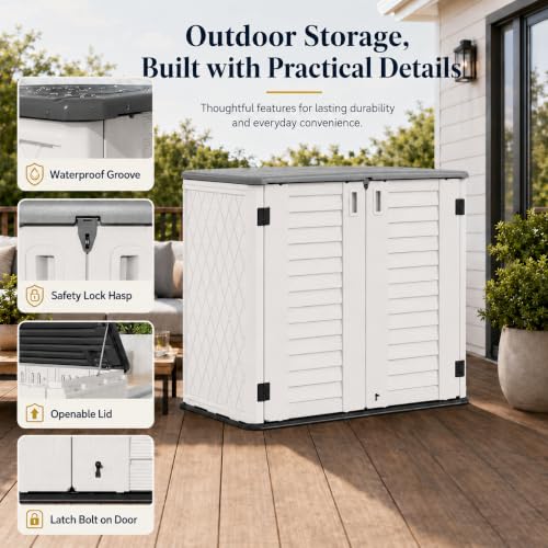 ADDOK 26 Cu.Ft Outdoor Storage Shed with Floor,Large Waterproof Resin Storage Cabinet with Lift-Up Lid,Double Doors and Lockable Design for Lawn Mower,Garden Tools, Patio,Backyard and Pool Supplies - size: 26 Cu.Ft-White
