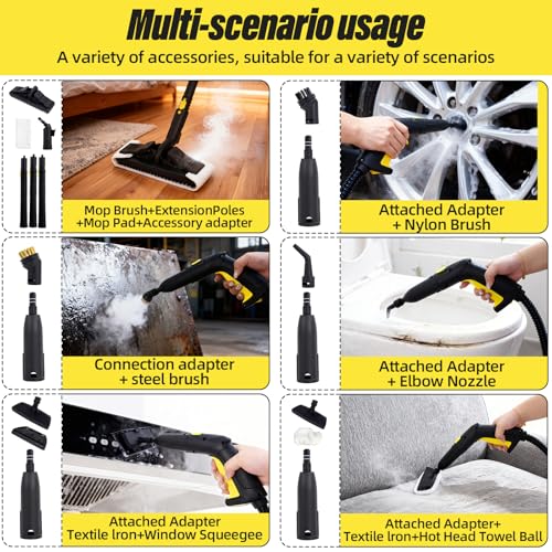 Rolling Steam Cleaner for Floors & Cars, 1800W Portable Steam Cleaner with 2.0L Tank & 5m Cord,Multi-Scenario Cleaner for Home, Car, Kitchen, Bathroom, Tile, Grout, Carpet
