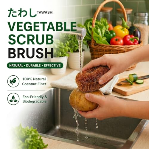 Pack of 3 Tawashi Vegetable Scrub Brush,100% Natural Coconut Coir Fiber VegetableBrush, Ideal for Fruit Scrub, Dish Brush for Kitchen Cleaning Needs, Kamenoko Japanese Design