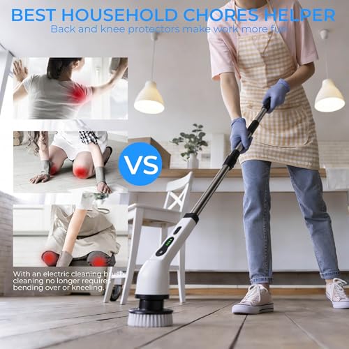 Electric Spin Scrubber with Long Handle，Cordless Bathroom & Kitchen Cleaner with 6 Replaceable Brush Heads，3 Adjustable Speeds for Tile Floor Tub Shower