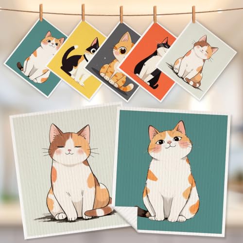 5 Pcs Cartoon Kitty Swedish Dishcloths, Cat Themed Swedish Dishcloth, Artistic Dish Cloths for Drying Dishes, Reusable Cleaning Cloths, Housewarming Gifts for Women - color: Lm 04248