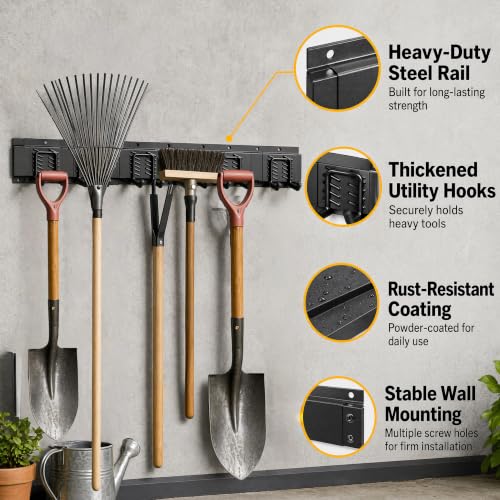CBWLWJ 48'' Garage Tool Organizer Wall Mount - Heavy Duty 480 lbs Capacity Tool Rack with 6 Adjustable Straight Hooks, Wall Mounted Storage System for Garage, Shed, Workshop (Black) - size: 48inch+6Straight Hooks