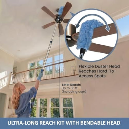 36ft High Ceiling Duster Kits with 5-30ft Heavy Duty Extension Pole - Fan Blade Cleaner, Cobweb Remover & Blue Window Squeegee Kit, Washable Dust Brush for High Roof and Glass Surfaces - size: 30FT