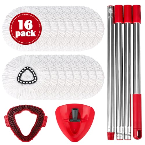 Spin Mop Replacement Set for O-Ceda EasyWring 1-Tank System, 16 Microfiber Spin Mops Refills,1 Scrubber Head,1 Triangle Spin Base,and(31-63in) Adjustable Handle Set Combo - size: White-16P