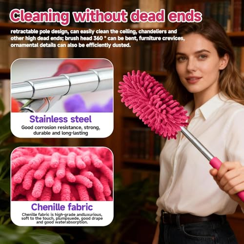 Extendable Microfiber Duster, Telescoping Dusting Brush for Home and Car Cleaning, Adjustable Length, Soft and Flexible - color: Elongated Rose Red