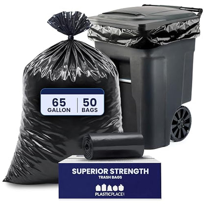 Plasticplace 65 Gallon Trash Bags │ 1.5 Mil │ Black Heavy Duty Garbage Can Liners │ 50” x 48” (50 Count)
