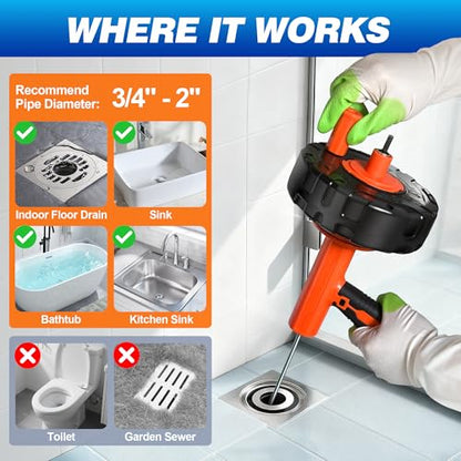 Drainsoon Auto Feed Drain Auger with Drill Adapter, 33 Feet Drain Snake Hair Clog Remover, Manual or Powered Plumbing Snake Drain Cleaner for Bathroom, Shower, Kitchen Sink, Comes with Gloves - color: Orange