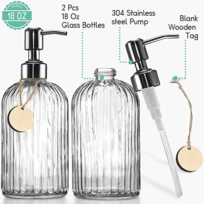 JASAI 2PACK 18 Oz Glass Soap Dispenser with Rust Proof Stainless Steel Pump, Refillable Hand Soap Dispenser with Vertical Stripe, Premium Bathroom soap Dispenser for Kitchen & Bathroom - color: Clear-2p, size: 2 Pack