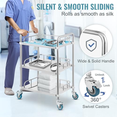 VEVOR Lab Rolling Cart, 3-Shelf Stainless Steel Rolling Cart, Lab Serving Cart with Swivel Casters, Dental Utility Cart for Clinic, Lab, Hospital, Salon, 26.38"x15.55"x34.13" - size: 3-tier shelves