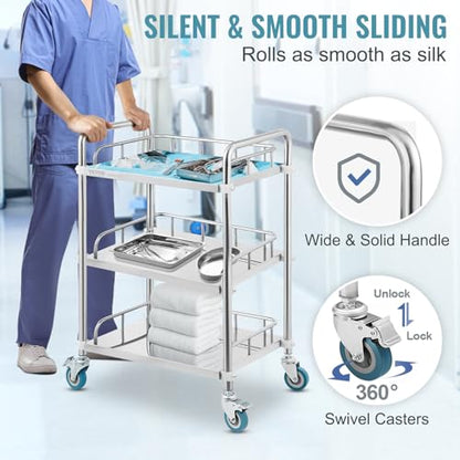 VEVOR Lab Rolling Cart, 3-Shelf Stainless Steel Rolling Cart, Lab Serving Cart with Swivel Casters, Dental Utility Cart for Clinic, Lab, Hospital, Salon, 26.38"x15.55"x34.13" - size: 3-tier shelves