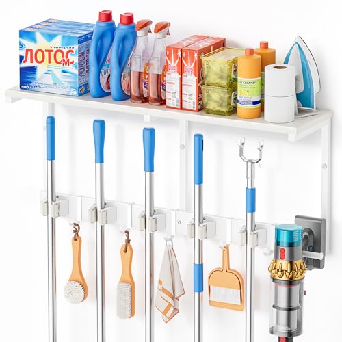 Broom Holder Wall Mount with Cleaning Supplies Organizer, Laundry Room Organization and Storage Shelf with Mop Hanger Rack Gripper Hooks, Utility Shelf Closet Organizer Floating Shelves for Garage - size: Large