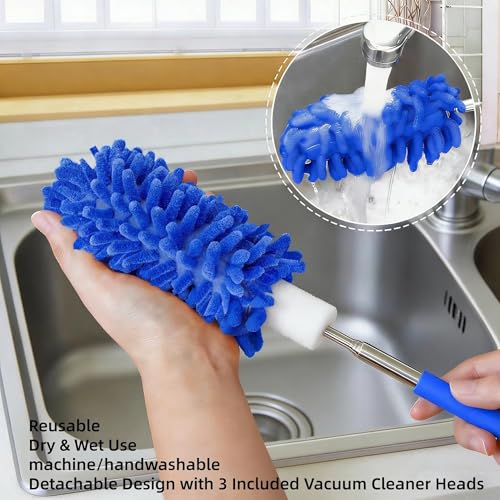 Microfiber Duster for Cleaning, GMLKRY Hand Washable Dusters with 3pcs Replaceable Microfiber Head, Extendable Pole, Detachable Cleaning Supplies for Office, Car, Window, Furniture (Blue) - color: Blue