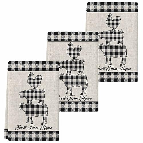 Farm Buffalo Plaid Kitchen Towel Set of 3, Absorbent Microfiber Hand Towels for Kitchen Bathroom Bar Decorative Pig Cow Chicken Ultra Soft Resuable Cleaning Cloths Washable Fast Drying - size: 3PCS-18" x 28"