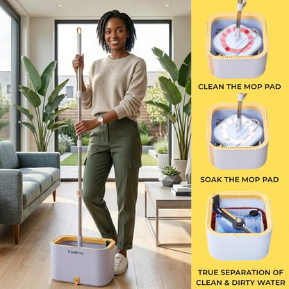 True & Tidy® TrueClean Spin Mop 2.0 w/Detachable Inner Bucket, Self Standing, Separates Clean and Dirty Water, Foldable Square Mop Head, Triple Jet Stream w/Hidden Brush, Replaceable 2pc Pads - size: Mop & Bucket w/ 2 Mop Pads