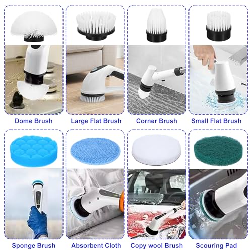 Electric Spin Scrubber Replacement Brush Heads, 8 Pack Cordless Spin Scrubber Brush Replaceable Heads with Base and Storage Bag, Rotatable Cleaning Brushes for Household Bathroom Floor Tile Car