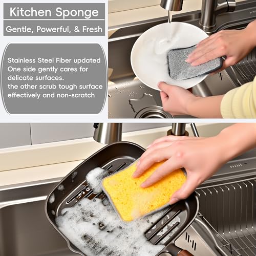 METUUTER 12 Packs Kitchen Sponges Stitching with Stainless Steel Fibers - 5.5x4 in Soft Cleaning Sponge for Non-Stick Pans, Dishes & Tough Grease Odor-Resistant, Durable Dish Sponges - color: Yellow