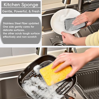 METUUTER 12 Packs Kitchen Sponges Stitching with Stainless Steel Fibers - 5.5x4 in Soft Cleaning Sponge for Non-Stick Pans, Dishes & Tough Grease Odor-Resistant, Durable Dish Sponges - color: Yellow