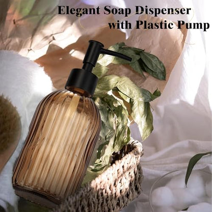Glass Soap Dispenser with Plastic Pump, Hand Soap Dispenser for Hand Wash, Lotion Dispenser for Dishwashing Liquid, Lotion Shower Gel (Striped Brown) - color: Striped Brown