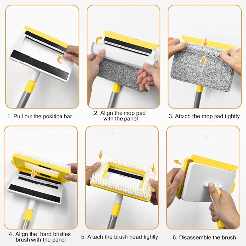 JEHONN Baseboard Cleaner Tool with Handle, 56 inches Base Boards Cleaning Mop Scrubber, 1 Stiff Bristles Brush, 2 Chenille and 2 Microfiber Pads, Wall Duster for Floorboard Ceiling Window (Yellow) - color: Yellow