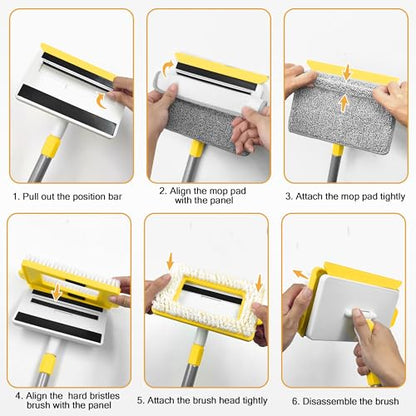 JEHONN Baseboard Cleaner Tool with Handle, 56 inches Base Boards Cleaning Mop Scrubber, 1 Stiff Bristles Brush, 2 Chenille and 2 Microfiber Pads, Wall Duster for Floorboard Ceiling Window (Yellow) - color: Yellow