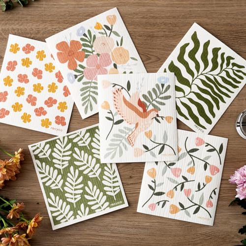 RECYCO Swedish Dishcloths for Kitchen | 6 Pack Birdsong and Blooms Washable Dish Rags | Cellulose Reusable Cleaning Paper Towels | Absorbent Counter Dish Cloth Sponge Kitchen Wipes, 8" L x 7" W - color: Birdsong and Blooms - 6 Pack