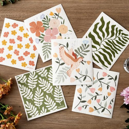 RECYCO Swedish Dishcloths for Kitchen | 6 Pack Birdsong and Blooms Washable Dish Rags | Cellulose Reusable Cleaning Paper Towels | Absorbent Counter Dish Cloth Sponge Kitchen Wipes, 8" L x 7" W - color: Birdsong and Blooms - 6 Pack