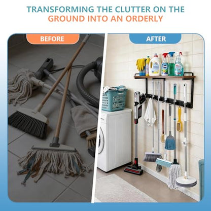 Broom Holder Wall Mount With Cleaning Supplies Organizer Shelf Broom And Mop Organizer Wall Hanging With Vacuum Holder Wall Mount, Wall Mounted Broom Hanger Utility Racks For Home Garage Laundry Room