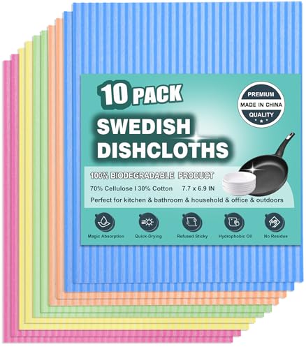 METUUTER 10 Packs Swedish Dishcloths for Kitchen, Reusable Kitchen Dishcloths Compostable Cellulose Dish Clothes for Household Use - color: Blue+red+orange+mint Green+yellow