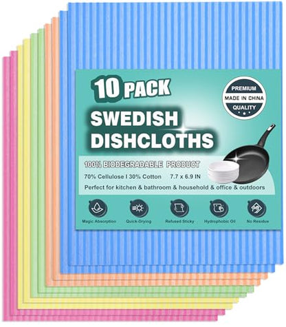 METUUTER 10 Packs Swedish Dishcloths for Kitchen, Reusable Kitchen Dishcloths Compostable Cellulose Dish Clothes for Household Use - color: Blue+red+orange+mint Green+yellow