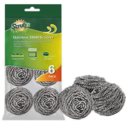 SCRUBIT 6 Pack Stainless Steel Scourers – Steel Wool Scrubber Pad Used for Dishes, Pots, Pans, and Ovens. Easy scouring for Tough Kitchen Cleaning. - size: 6 Count (Pack of 1)