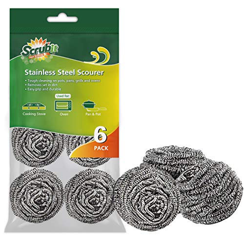 SCRUBIT 6 Pack Stainless Steel Scourers – Steel Wool Scrubber Pad Used for Dishes, Pots, Pans, and Ovens. Easy scouring for Tough Kitchen Cleaning. - size: 6 Count (Pack of 1)