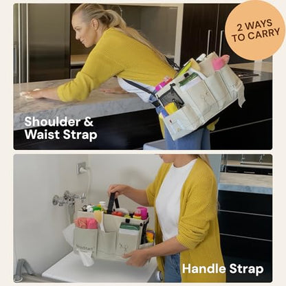 Multiuse Cleaning Caddy with Waist, Shoulder Strap 9 Pockets, Mesh Base & Adjustable Compartments - Cleaning Caddy - Cleaning Supplies Organizer (Blue, Small) - color: Blue, size: Small
