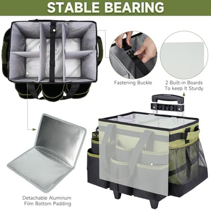 Large Rolling Cleaning Caddy Bag with Detachable Trolley,Cleaning Cart on Wheels with Shoulder Strap,Cleaning Supplies Organizer for Housekeepers,Green - color: Green