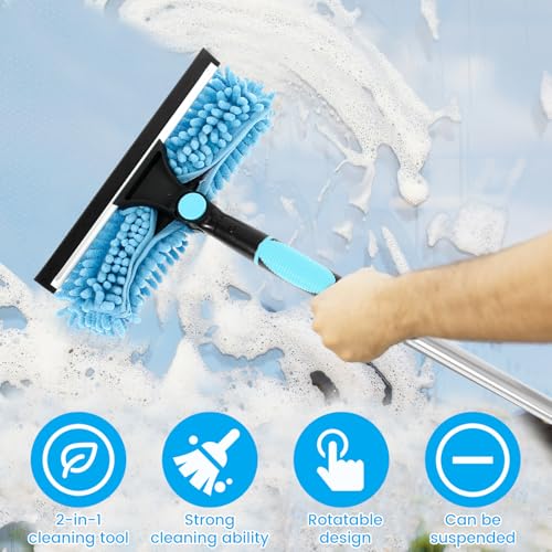 Squeegee for Window Cleaning Scrubber and Rotating Head Squeegee Window Cleaner Tool Window Washing Kit with Long Handle Window Cleaning Kit for Shower Glass Mirror Car (Blue)