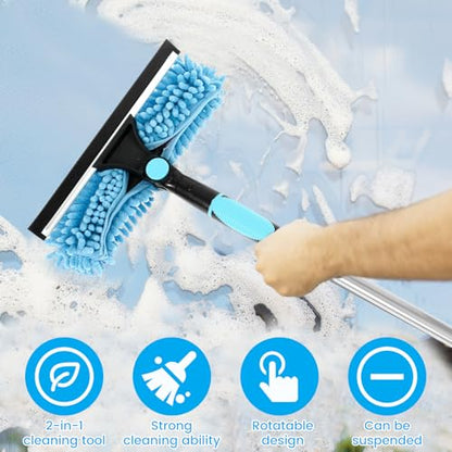 Squeegee for Window Cleaning Scrubber and Rotating Head Squeegee Window Cleaner Tool Window Washing Kit with Long Handle Window Cleaning Kit for Shower Glass Mirror Car (Blue)